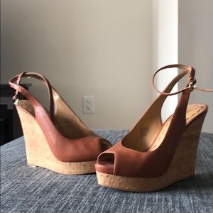 Leather and cork open toe tan wedges in size 5.5